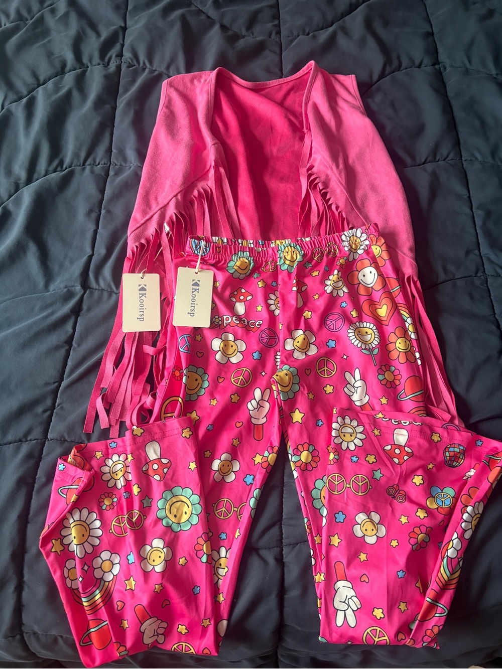 Kids Pink Fringe Vest & Floral Peace Jogger Set